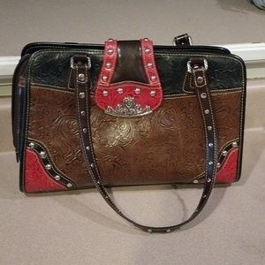 Marc Chantel handbag black brown red stamped western rodeo